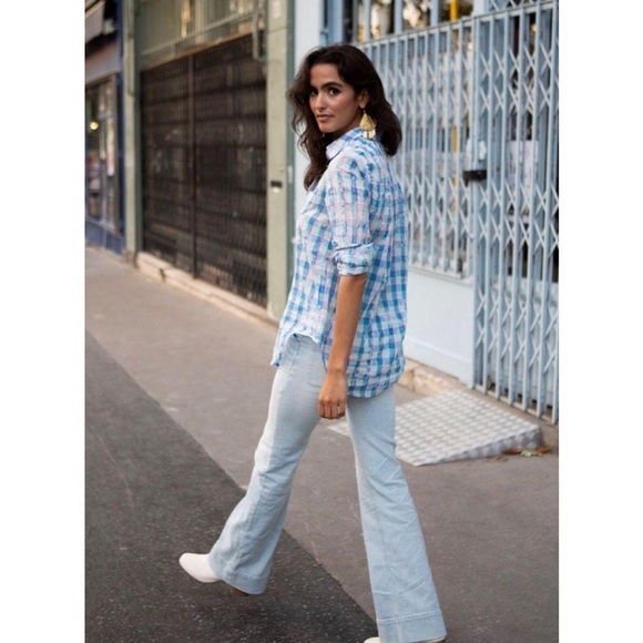 Anthropologie Pilcro Letterpress Cate Blue Neon Tie-Dye Plaid Button-Down Shirt - Picture 3 of 9